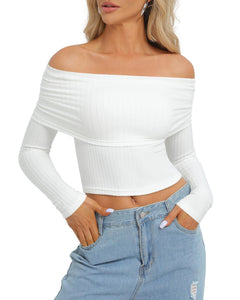 LVRAO Womens Long Sleeve Tops White Off The Shoulder Top Y2K Sexy Crop Shirts 2024 Trendy Ribbed Fitted Going Out Fall Outfits Teen Girl Clothes Baby Tee Free Winter People Dupe S